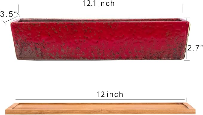 ARTKETTY Succulent Pots - 12.1 Inch Large Succulent Planters with Drainage Tray, Long Rectangle Ceramic Pot for Indoor Cactus/Succulent Plants Shallow Bonsai Window Box for Home Garden Decor