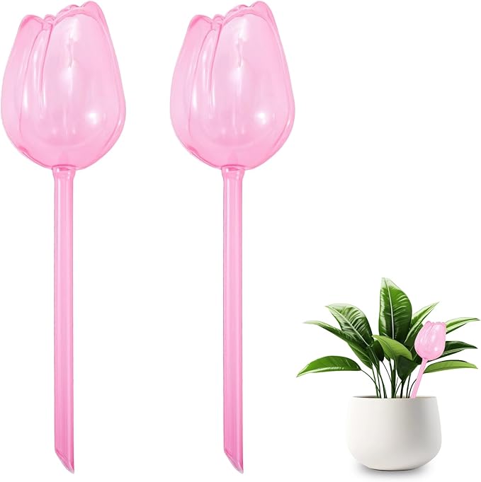 Creative Flower-Shaped Self Watering Globes for Indoor Outdoor Plants – 2"x2"x5" PVC Automatic Drip Irrigation Bulbs for Vacation – Cute Lazy Watering System for Garden & Home Decor (Pink)