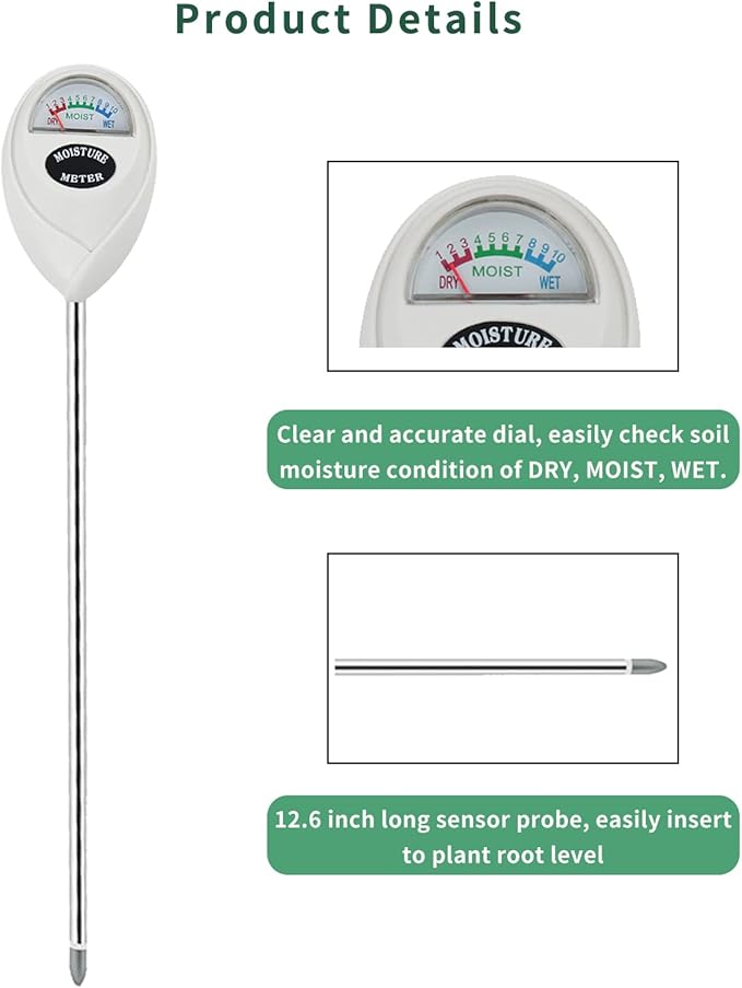 Censinda Soil Moisture Meter, Long Probe Soil Moisture Monitor for House Plants, Soil Hygrometer Moisture Sensor for Indoor & Outdoor, Garden, Farm, Lawn Plant Care, No Battery Needed(White)