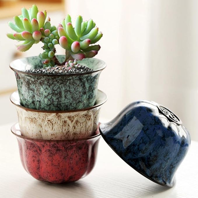 YYW Ceramic Plants Pots 3 Inch Set of 4 Flower Pots with Drainage and Bamboo Tray for Indoor/Outdoor Small House Plants,Foliage Plant (Set 3)
