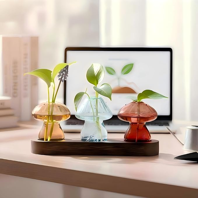 Plant Propagation Stations Mini Vase Set, Set of 3 Colored Glass Vases for Indoor Plants, Mini Plant Terrarium for Home Garden Window Office Mushroom Decoratioins