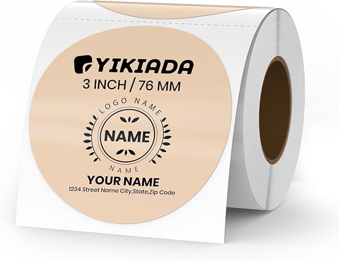 Khaki Circle Thermal Labels Vinyl 3 Inch Self-Adhesive Round Stickers Roll Waterproof Printer Decals Name Tag for QR Code DIY Office Address 500 PCS
