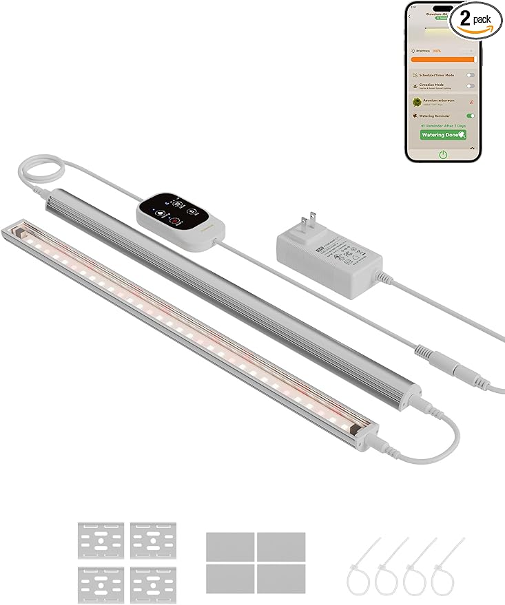 GLOWRIUM Smart Grow Lights for Indoor Plants with APP, Full Spectrum Grow Lights for Seed Starting, G6 Plant Light Strip with auto Timer, 3 Angle dimming Levels for Plant Shelf, 2-Pack (Silver, 16W)