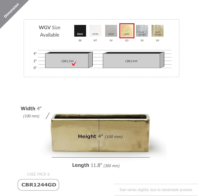 WGVI Long Rectangle Ceramic Planter Vase in Gold 12" x 4" x 4"H, Block Rectangular Terrarium Box Pot, Flower Arrangement, Table top Centerpiece, Home Decor Organization Storage Container, 6 Pcs.
