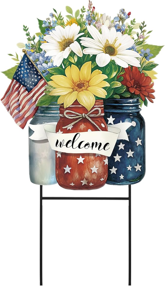 Amyhill 1 Pcs 4th of July Outdoor Decorations Patriotic Memorial Day Garden Stakes Mason Jars Welcome Yard Signs Decor Red White Blue Garden Stakes for Independence Patio Lawn Walkway Outside