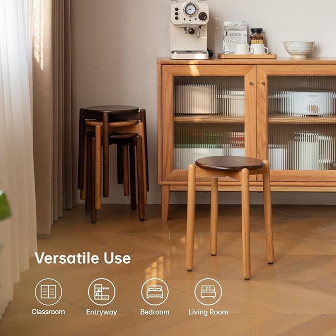 Oak Stackable Stool, Small Plant Stand, Round Wooden Stool for Dining Room, Living Room, Entryway, Classroom, School, 15.4" x 15.4" x 16.7”, Natural