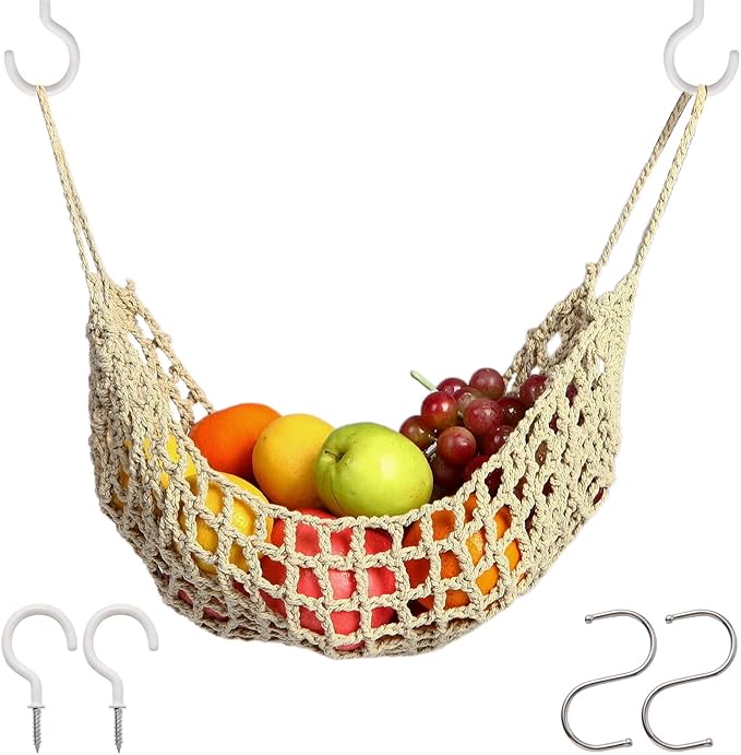 Fruit Hammock for Kitchen Under Cabinet,Large Macrame Fruit Hammock for Kitchen Décor,Storage That Saves Counter For More Counter Space at Home, Boat, or Rv,with 4 Hooks.(nature)