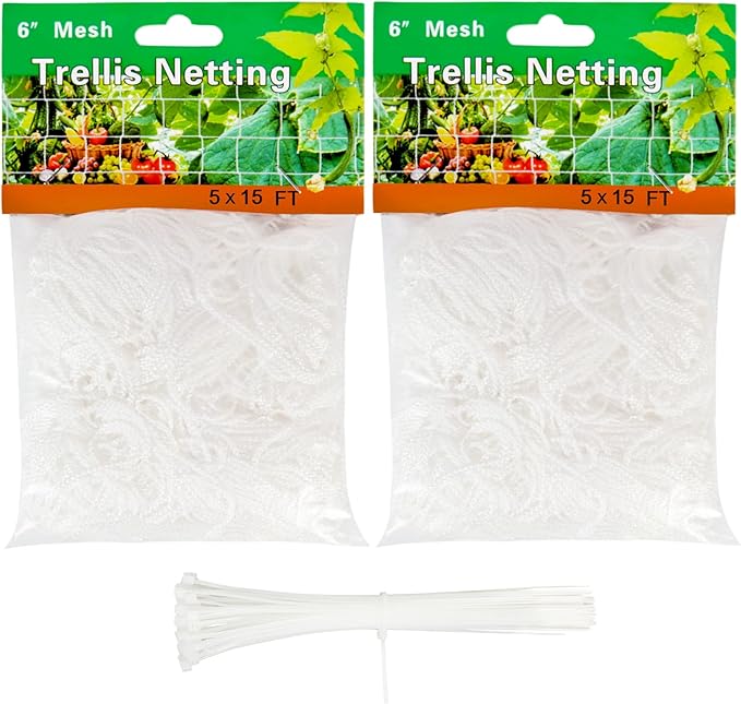 Trellis Netting for Climbing Plants, 2 Pack 5x15 Ft Heavy Duty Garden Trellis Netting, Square Garden Mesh Outdoor Grow Net for Support Vine Vegetable Fruits and Flower with 50 Pcs Garden Ties
