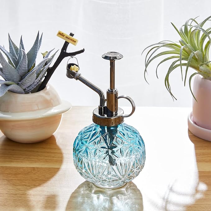 Glass Plant Mister Water Spray Bottle, Succulent Watering Bottle with Plastic Top Pump, Vintage Style Plant Sprayer, Small Watering Can for Indoor Outdoor House Plants - Blue