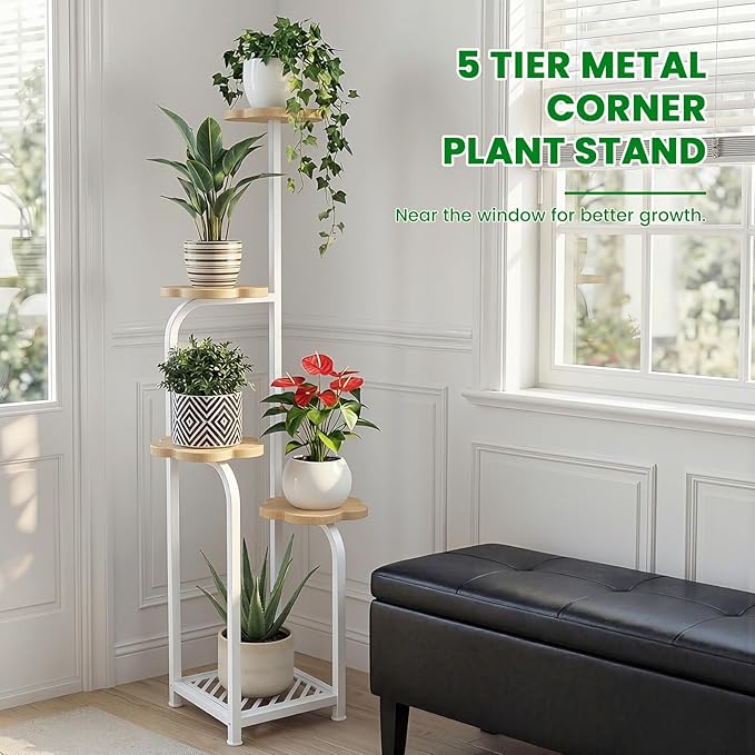 TOSKING 5 Tier Metal Anti-Tip Plant Stand indoor, Wide Base for Pots, Child and Pet Friendly ,Heavy Duty Plant Shelf , Corner Shelf, Flower Pot Stand for Multiple Plants, Indoor Plants Tiered Stand for Living Room Balcony Garden Patio Bedroom (White an...