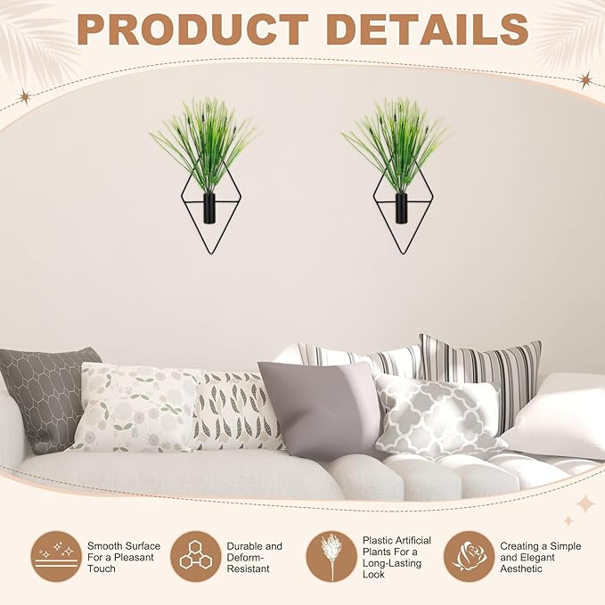 M METERXITY 2 Set Plant Wall Decor, Hanging Planters with Artificial Aquatic Plant Metal Hanging Vase Diamond Shape Wall Planter Holder Boho Room Decor for Garden/Backyard/Room [Black]