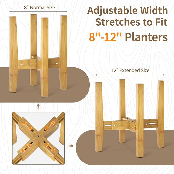 LASZOLA Bamboo Adjustable Plant Stand for Single Large Indoor Planters, Heavy Duty Floor Fern Holder Fits 8 to 12 Inch Pots, Mid Century Elevated Big Stool for Flower– Pot Not Included, Walnut, 1 Pack