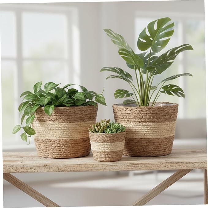 3PCS Woven Planter, Rustic Seagrass Baskets with Liners for Indoor Plants, Natural Rattan Plant Basket for Home Decor (3 Size), Set 2, Decoración del jardín