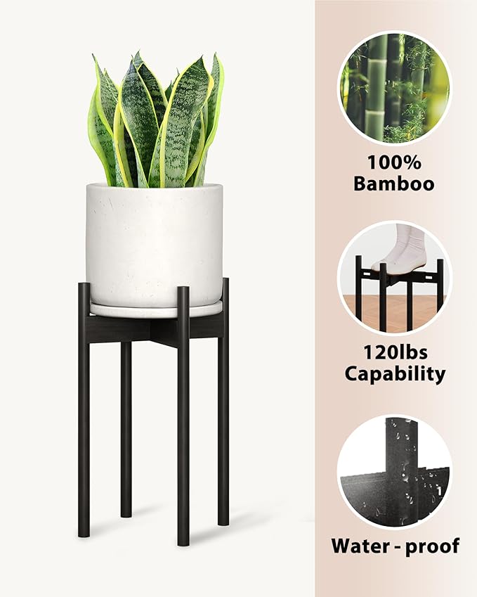 GENTINGBRO Adjustable Plant Stand Indoor, Bamboo Plant Stand Fits 8 9 10 11 12 Inches, Small Corner Planter Holder for Indoor Plants, Single Floor Plant Stands for Living Room Balcony, Black Tall