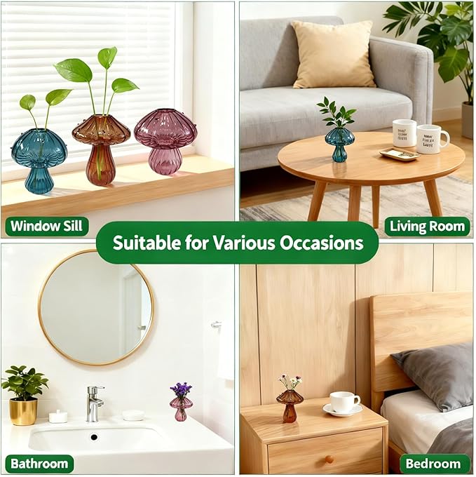 Glass Mushroom Propagation Planter - Set of 3 Cute Plant Propagation Stations for Indoor Plants, Unique Small Hydroponic Vase Jars Mini Terrariums for Window Living Room Bathroom Shelf Decor