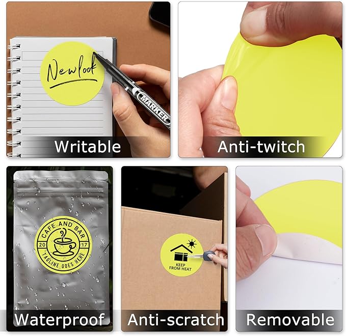 Yellow Circle Thermal Labels Vinyl 3 Inch Self-Adhesive Round Stickers Roll Waterproof Printer Decals Name Tag for QR Code DIY Office Address 500 PCS