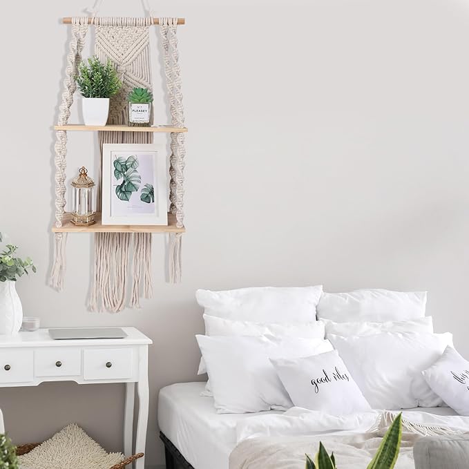 Barydat 2 Pack Macrame Wall Hanging Shelf 2 Tier Handmade Boho Hanging Wall Shelf Floating Woven Rope Decorative Storage Racks Holder Organizer for Home Bedroom Bathroom Plants, Beige (Classic)