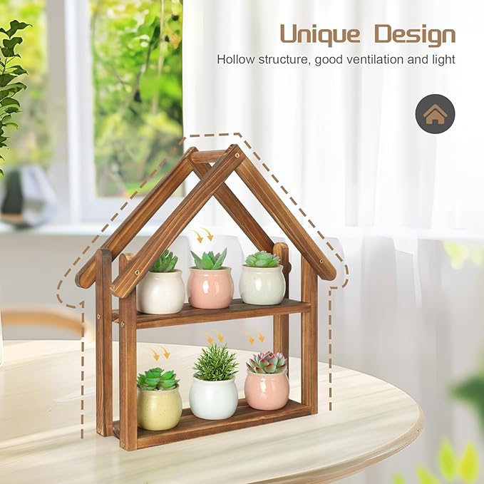 Jotsport 2 Tier Windowsill Plant Stand Small House Wood Plant Shelf Desktop Succulents Holder for Kitchen Living Room Office