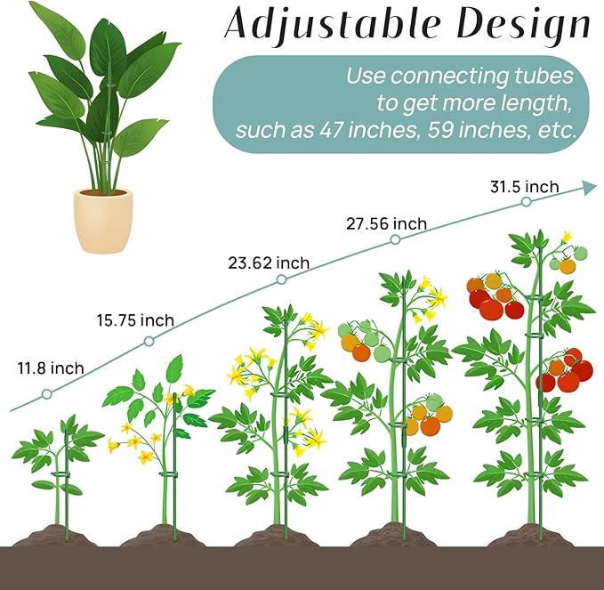 40 Pcs Plant Support Stakes, Garden Stakes for Indoor Plants, Tall Adjustable Plant Sticks with 40 Clips and 20 Connectors for Monstera, Tomato, Vine Potted Plants