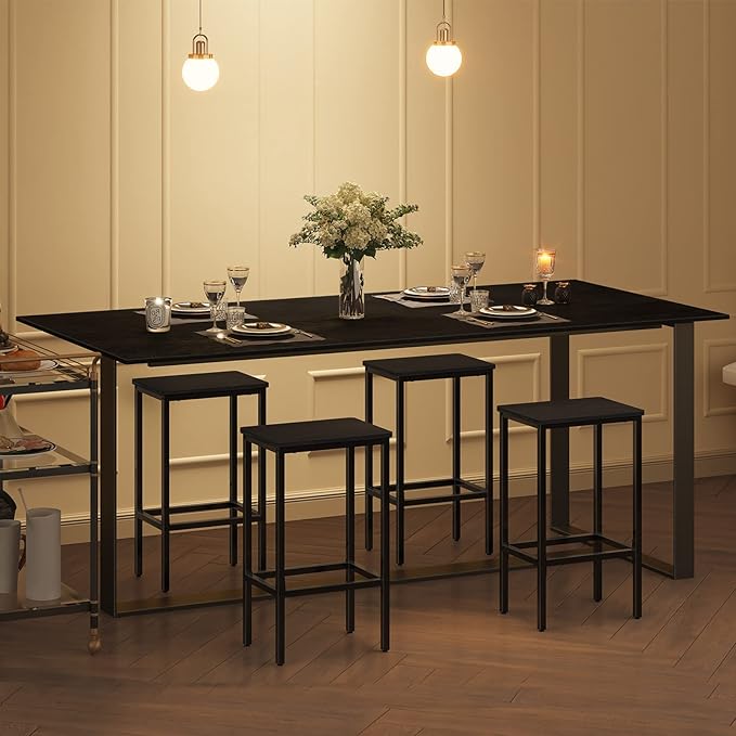 MAHANCRIS Bar Stools, Set of 2 Bar Chairs with Footrest, 2-Piece Dining Stools, 25.8-Inch Height, Rectangular Industrial Bar Stools, Strong Metal Frame, for Dining Room, Kitchen, Black BAHB0101