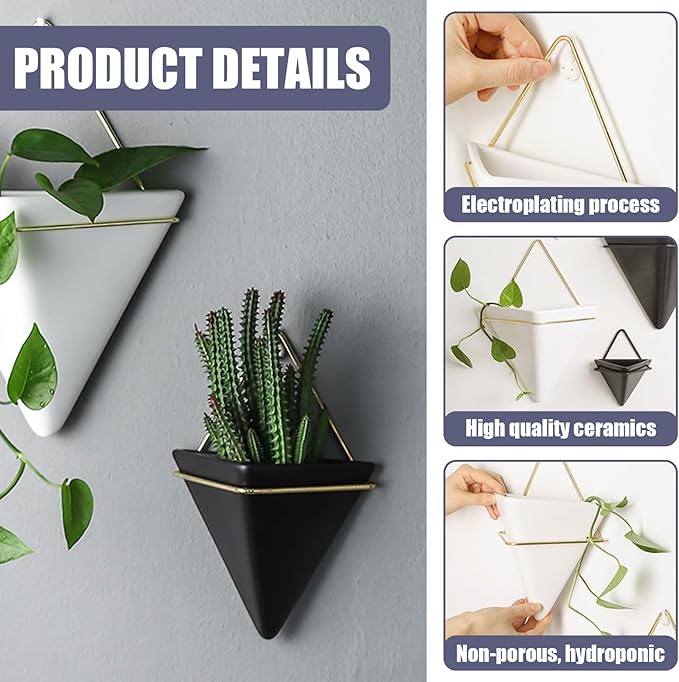 Hanging Planter, 2PCS Geometric Triangle Wall Plant Holder, Ceramic Wall Mounted Plant Holder, for Succulent, Faux Plants, Home and Office Decor, White