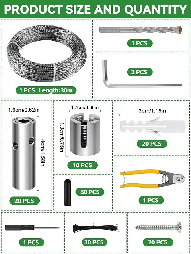 185PCS Garden Wire Trellis for Climbing Plants, Kalolary 30M Stainless Steel Heavy Duty Wire Trellis Kit Wall Plant Climbing T316 Steel Wire Rope Cross Clamp Cable Trellis System Kit for Flower Vines