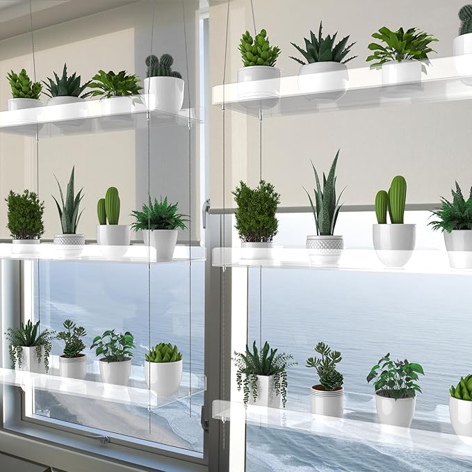 3-Tier Hanging Clear Plant Shelves for Windows, Acrylic Window Wall Plant Stand Shelf for Kitchen Indoor Gardens, Flower, Herb, Seedling Organization, and Pots Display, 16 Inch per Tier | for Windows, Window Wall, for Kitchen, Indoor Gardens, Flower, S...