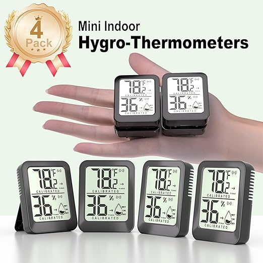 Antonki 4 Pack Mini Room Thermometer Hygrometer Indoor Temperaure and Humidity Monitor Gauge Meter for Home, Baby Room, Office, Incubator, Greenhouse, Reptile - Battery Included - Black