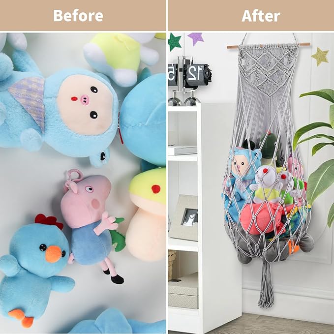 Stuffed Animal Storage w/ LED Star Light, 63 Inch Jumbo Toy Hammock Wall Ceiling Over Door Hanging Organizer Net for Stuffed Animals, Gray Stuffed Animals Hammock Corner for Kid Girls Boys Gift