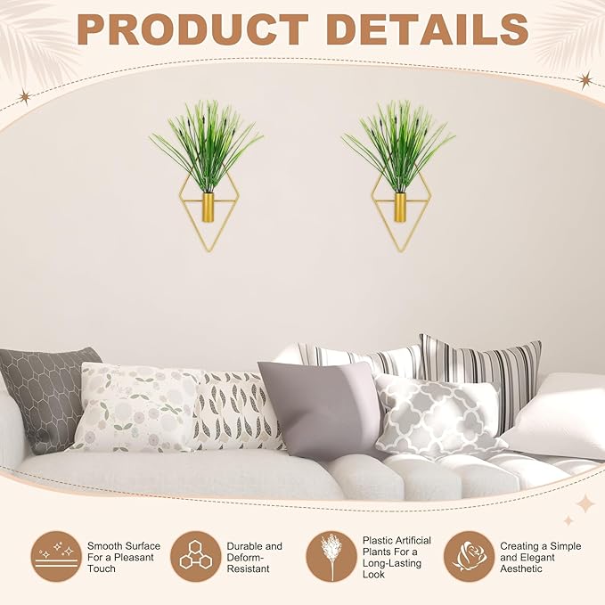 M METERXITY 2 Set Plant Wall Decor, Hanging Planters with Artificial Aquatic Plant Metal Hanging Vase Diamond Shape Wall Planter Holder Boho Room Decor for Garden/Backyard/Room [Golden]