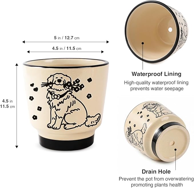 STHIE 5 inch Ceramic Plant Pot, Round Planters for Indoor Plants with Drainage Hole, Ice Crack Decorative Flower Pot, Cute Planters for Snake Plant (Flower Dog)