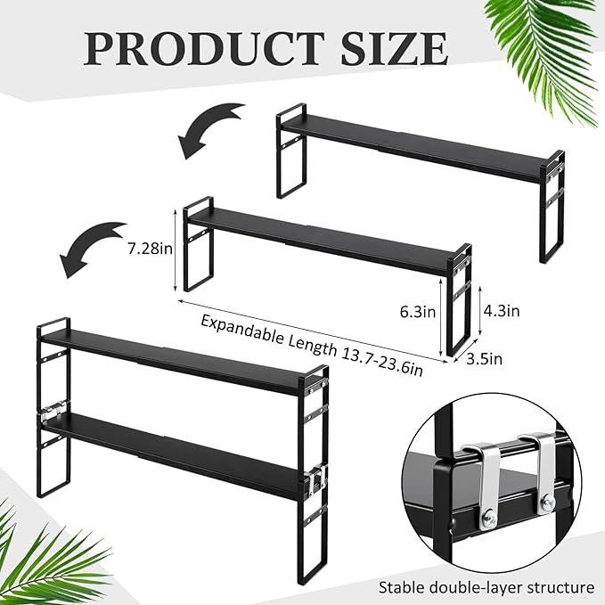1 Pcs Expandable Window Sill Plant Shelf, 13.7 x 3.5 x 7.28 Inches, Stackable Narrow Over The Sink Shelf, Adjustable Height Metal Window Sill Extender Shelves for Kitchen Bathroom (Black)