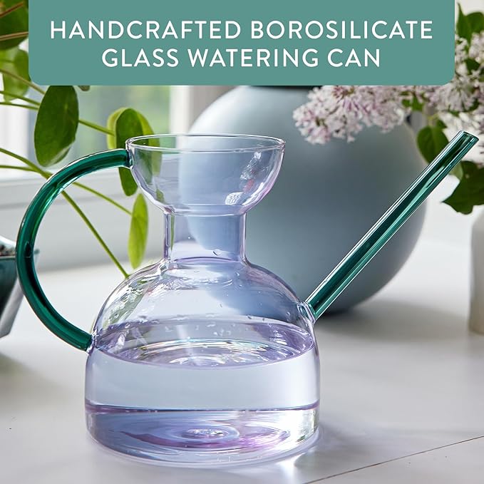 Modern Sprout Plant Watering Can - Handcrafted from Borosilicate Glass - Long Spout Vessel for Indoor Plants - 32 Oz Capacity - Multipurpose Watering Can & Flower Vase for Houseplants (Purple/Emerald)