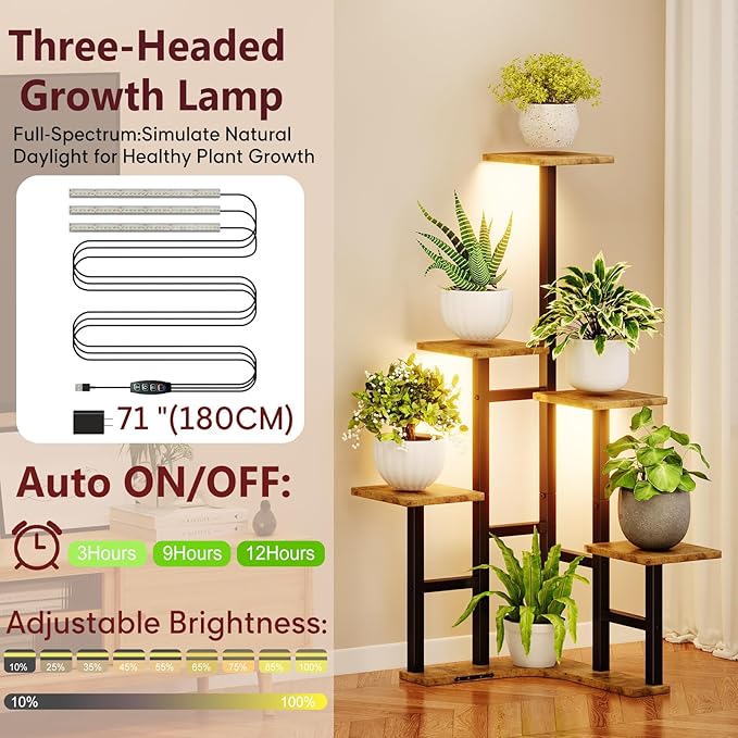 Yzosvki Corner Plant Stand Indoor with Grow Lights, 6 Tiered Corner Plant Shelf Flower Stand for Multiple Plants, Plant Shelves Organizer Rack for Living Room, Balcony, Patio, Square Rustic Brown