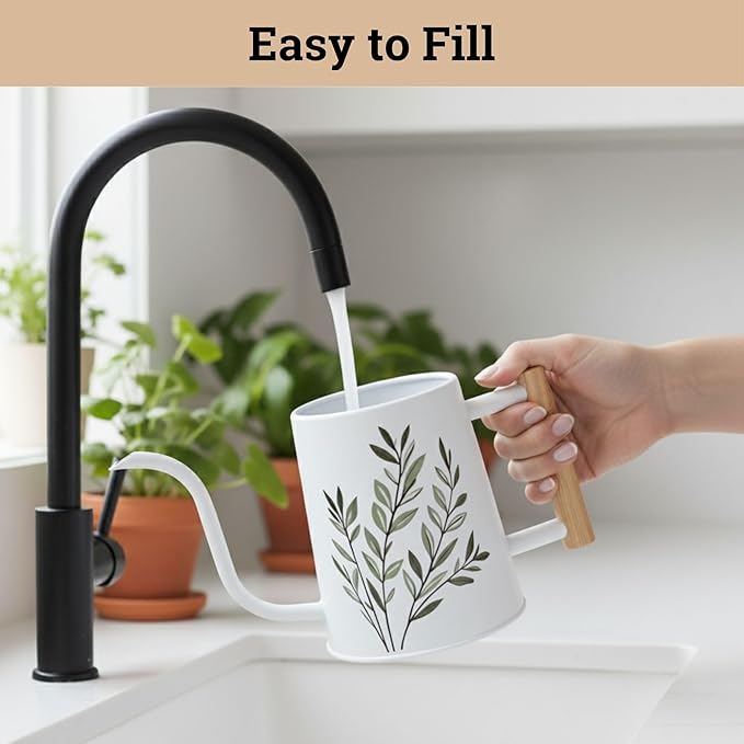 35 oz Metal Small Indoor Watering Can with Long Spout & Real Wood Handle for House Plants, Succulents, Cacti & Seedlings - White Long Spout Watering Can Indoor Plants - Stylish, Gentle Flow, No Spills