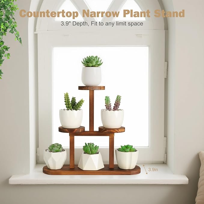 3 Tier Wood Table Top Plant Stand,Small Windowsill Plant Shelf Desk Succulent Stands, Mini Flower Stand Holer Rack for Desktop,Countertop,Window,Kitchen,Office ,Corner,Round,Narrow,Walnut Color