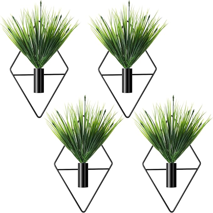 Jexine 4 Pcs Plant Wall Decor Diamond Shape Hanging Planters with Artificial Plants Geometric Wall Decor Metal Hanging Vase Indoor Holder for Living Room Bathroom Home(Aquatic Grass)