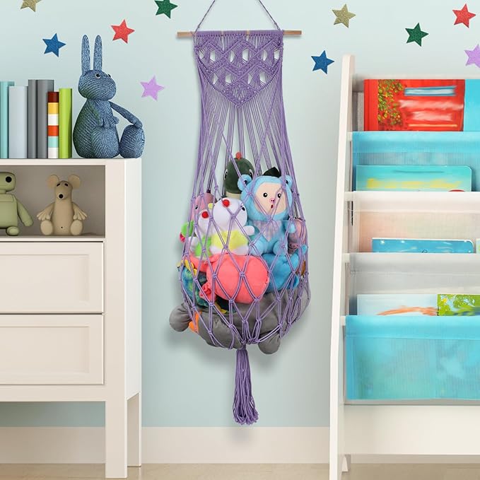 Stuffed Animal Storage Net, 63’’ Jumbo Stuffed Animal Hammock Corner Wall Ceiling Over Door Hanging Toy Hammock Organizer, Purple Boho Macrame Plushie Toy Net w/ LED Lights for Baby Boys Girls Gift