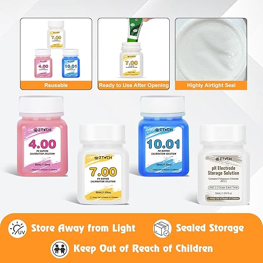 pH Calibration Solution Kit, pH 4 7 10 with KCL Electrode Storage Solution*1, Each 50ml (1.69fl oz) pH Buffer 4,00 7,00 and 10,01 Solution for Water, Pool, Soil, Food pH Meter, pH Probe