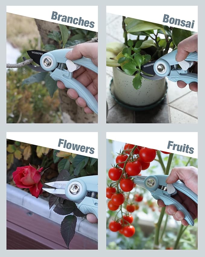WORKPRO 2-Pack 6.9" Garden Pruning Shears, Bypass & Straight Gardening Scissors with SK5 Steel Blade, Handheld Garden Floral Clippers for Rose, Plants, Flowers, Gardening Gifts for Women & Men, Blue