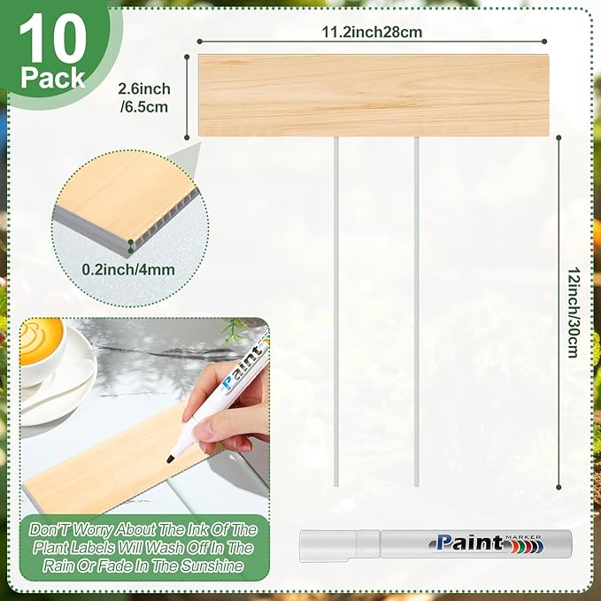 Vercraft 10 Set Jumbo Outdoor Plant Label Stakes Waterproof Nursery Garden Markers Plastic T Type Plant Tag Identification Stake with Marker Pen for Herb Vegetable Flowers, 12" High(Wood Color)