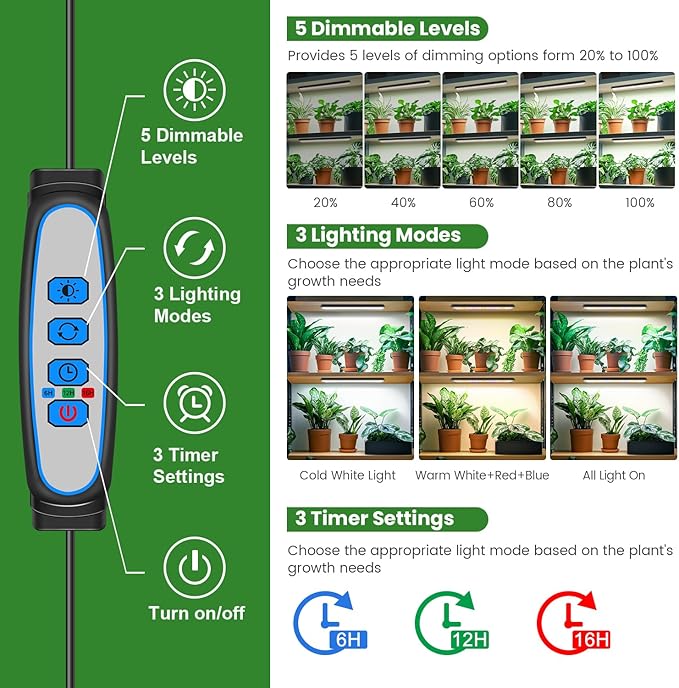 Wolezek Grow Lights for Indoor Plants, 210 LEDs Full Spectrum Plant Grow Light Strips with 6/12/16H Auto Timer, 13.8 Inches Bright Grow Lamp Bar for Plant Shelves and Cabinet, 2 Pack
