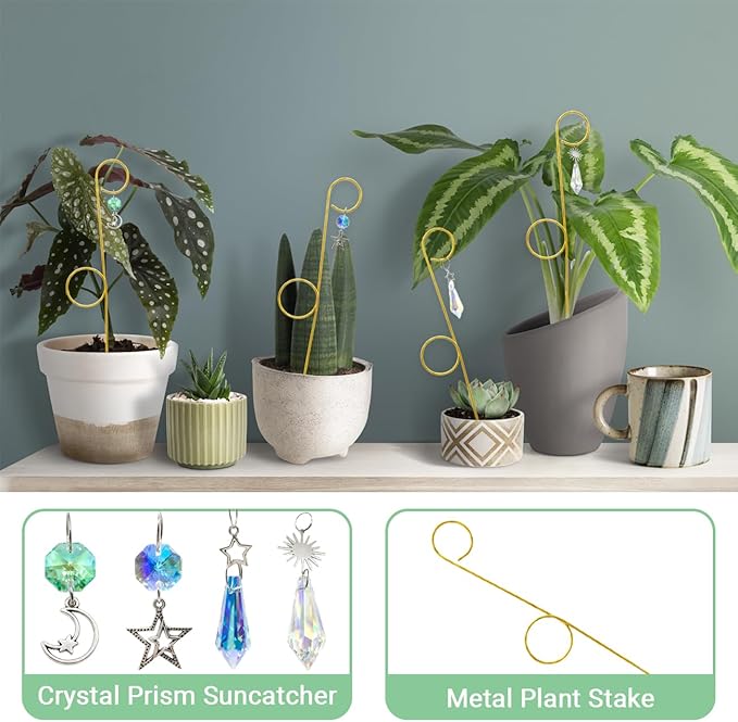 Small Trellis for Potted Plants Indoor with Crystal Sun Catcher, 4Pack Golden Metal Plant Stake for Home Window Garden, Plant Accessories Indoor Decoration (13inch)