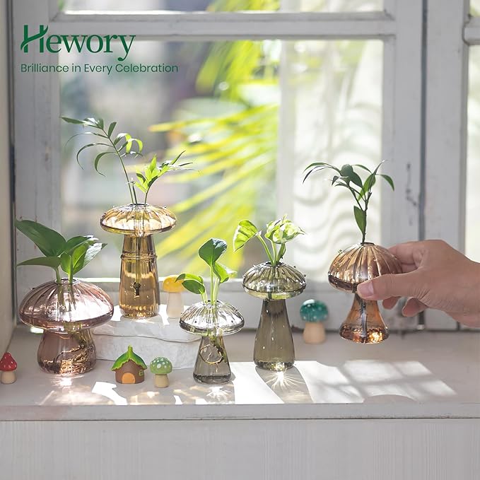 Hewory Glass Mushroom Propagation Stations: Set of 10 Unique Propagation Jars Glass Planter for Indoor Plants Home Decor - Amber Mushroom Vase Christmas Birthday Gifts for Plant Lovers Women Girls