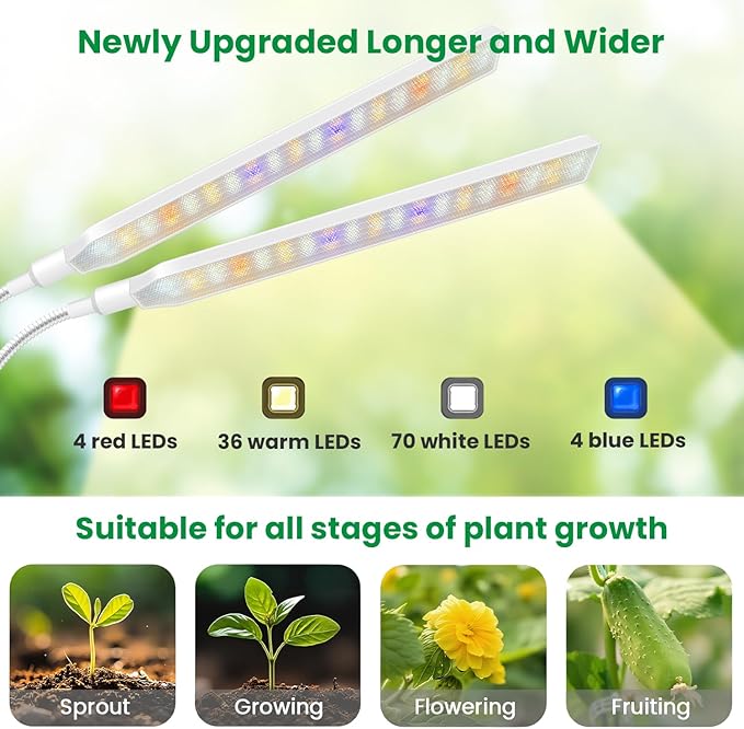 Aumtrly Grow Light Clip on 2 Pack, 228 LED Grow Lights for Indoor Plants Full Spectrum, 2 Head White Arm Grow Lamp with Gooseneck, 6/12/16H Timer, 5 Dimming, 3 Light Mode
