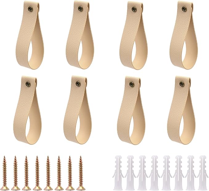 Curtain Rod Holders,Set of 8 Leather Curtain Rod Brackets with Screws,PU Curtain Rod Hangers Stylish Apricot Leather Straps Hooks for Wall Pole Macrame Boho Art Décor, CH-0012