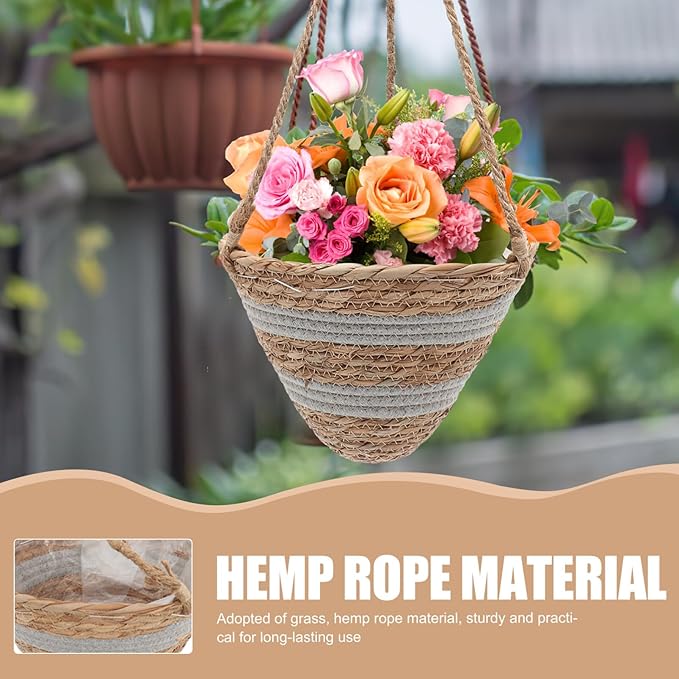 Yardwe Hanging Flower Pot Flower Pots Seagrass Hanging Planter Basket Rattan Planter Plant Orchid Flower Pot for Balcony Container Seagrass Round Planter Pots Decor Orchid Pot