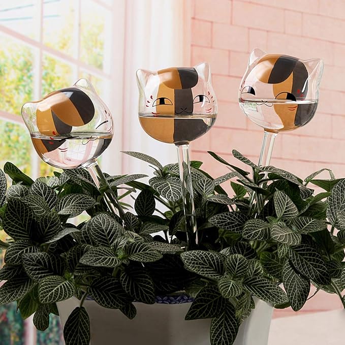 KiKiHeim Automatic Plant Waterer Globes Self Watering Planter Insert Devices System, Hand Blown Clear Glass Water Bulbs for Indoor&Outdoor, 6.4oz/190ml Capacity, 3 Cats