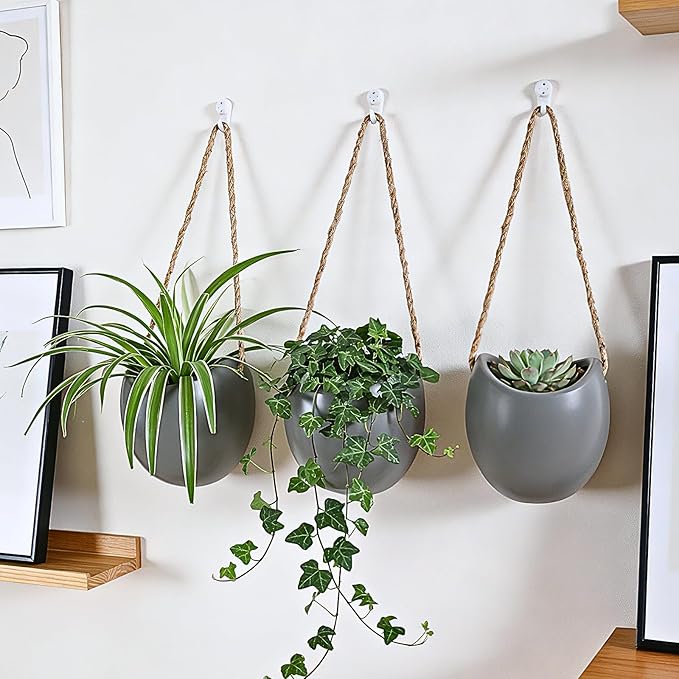 Set of 3 Ceramic Wall Vases - Hanging Pocket Planters for Indoor Plants, Wall Decor for Entryway Hallway Bathroom Living Room Dining Room
