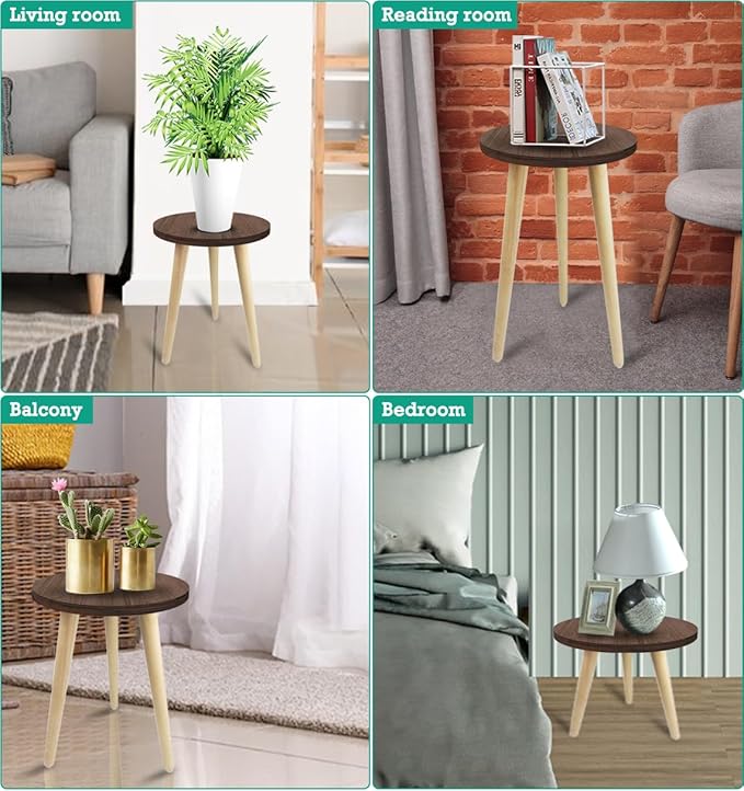 14IN Tall Plant Stand Holder for Indoor Planters, Mid Century Small Round Wood Table for Living Room Corner Floor